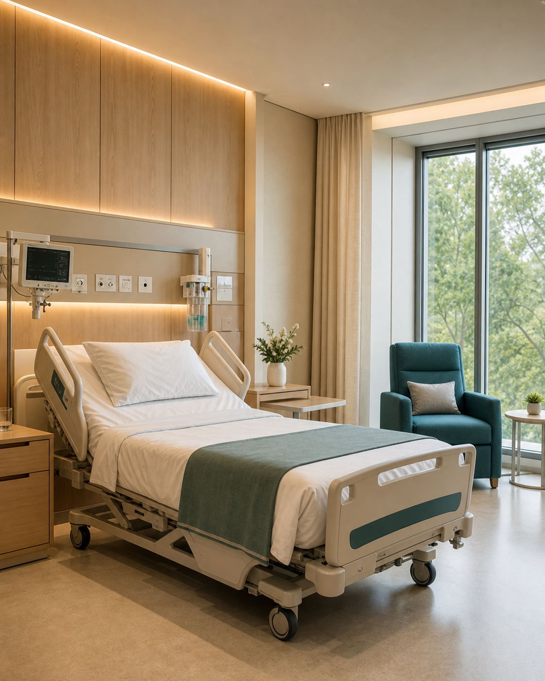 Quarto hospitalar acolhedor com iluminação natural e tecnologia integrada